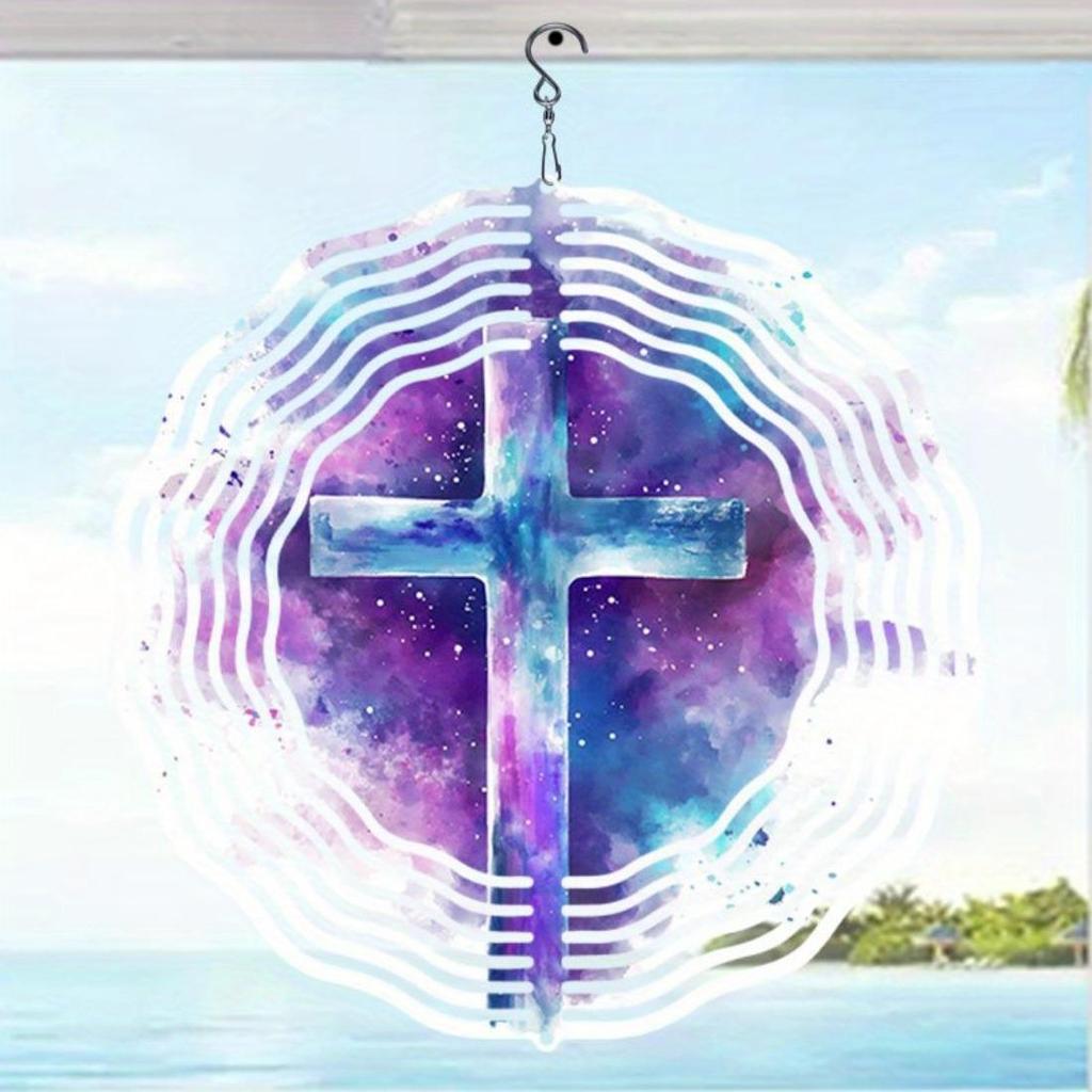 1pc Purple Fantasy Cross Pattern Mandala Wind Chime - Durable Metal, Cosmic Design with Swirling Blue & Purple Hues, Perfect for Garden