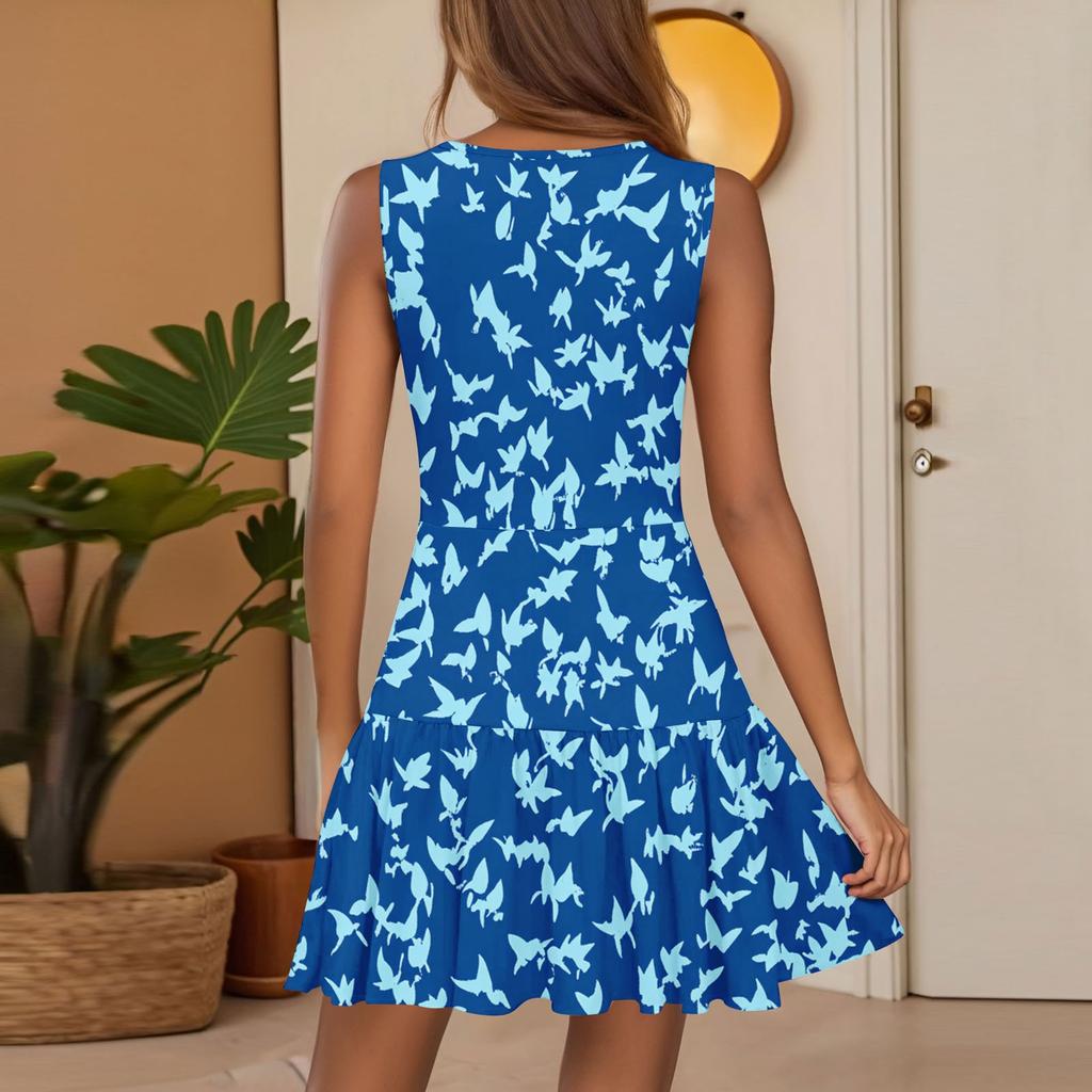 Women's Fashion Casual V-Neck Sleeveless Floral Print Pleated Hem Dress