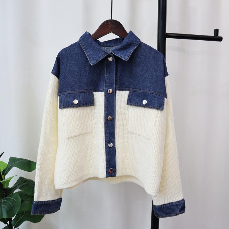 Autumn and Winter New Splicing Denim Knitted Cardigan Short Loose and Versatile Design Sweater Jacket Women