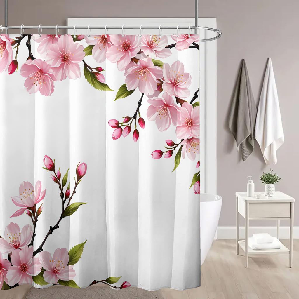 Charming Pink Cherry Blossom Shower Curtain For A Nature-Inspired, Elegant, And Serene Bathroom Decor With Floral Design