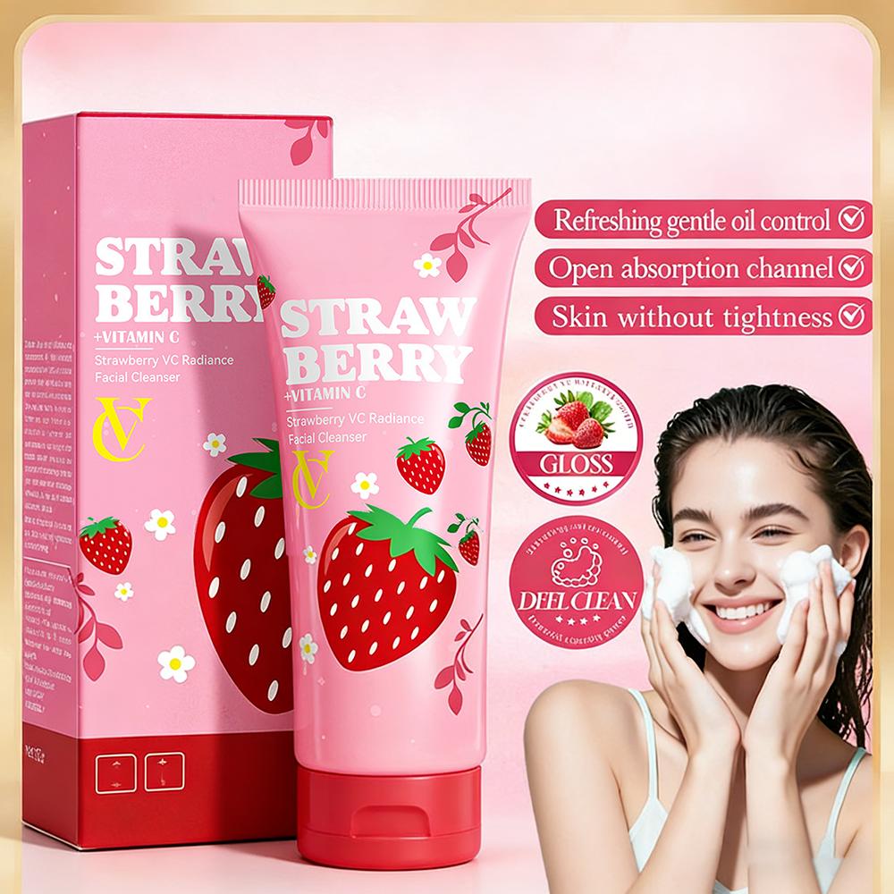 Strawberry VC Radiance Facial Cleanser 100g, Gentle pH 6.0-6.6, Oil Control & Brightening, With Niacinamide & Strawberry Extract, Rich Foam, No-Drying Pack of 1