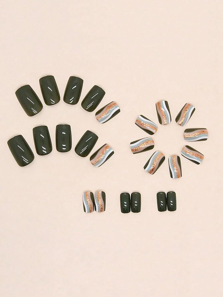 24 Pieces Of Coffin Army Green Flash Ripple Line Short Fake Nails +1 Piece Of Jelly Glue +1 Piece Of Rub For Women