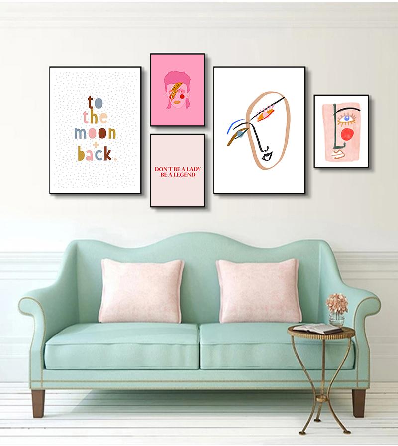 Nordic Abstract Poster Line Face Canvas Painting Wall Art Pink Style Letter Lucky You Pictures For Living Room Modern Decorative No Frame