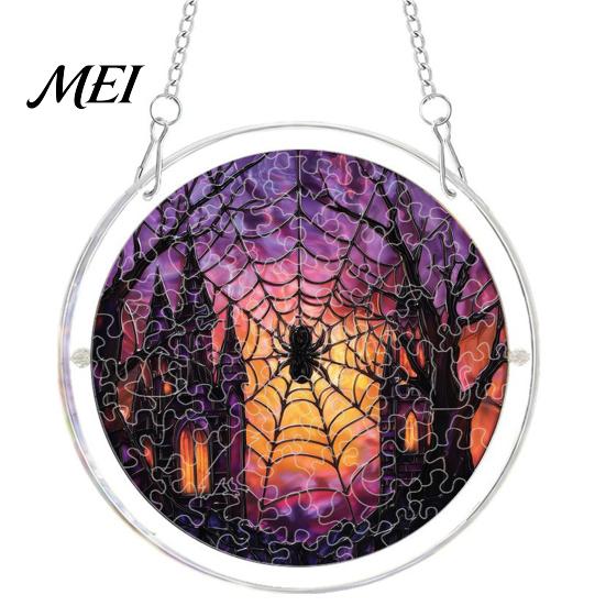 Decorative Glass Effect Pendant Halloween Acrylic Puzzle Window Suncatcher, Stained Style Hanging Ornament Retro Skeleton Pumpkin Crow with