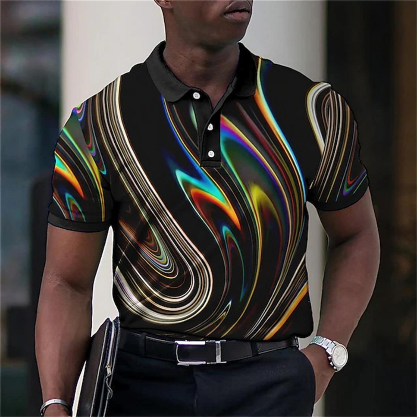 Men Polo Shirt 3D Print Optical Illusion Colorful Graphic Golf Shirt Summer Fashion Oversized Streetwear Lapel Tops Short Sleeve S