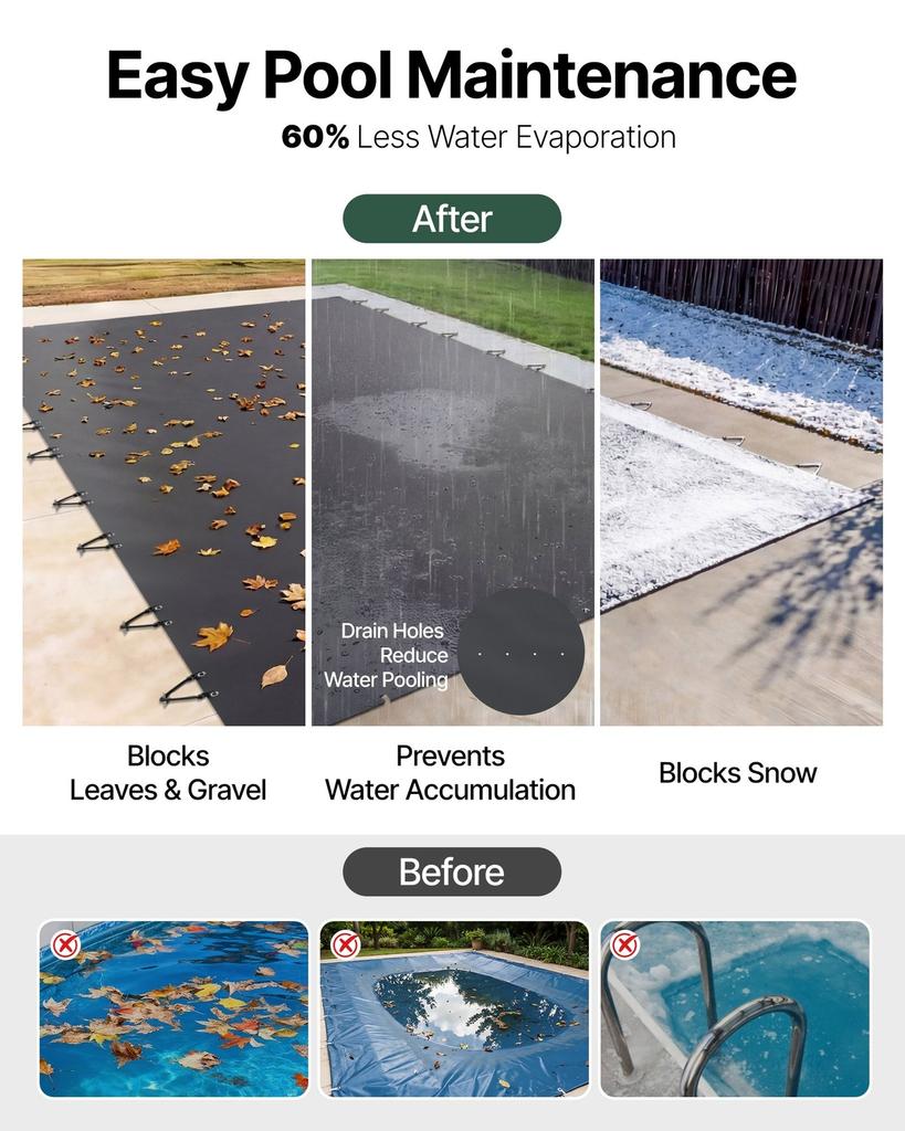 Pool Safety Cover, 13x23 ft In-ground Pool Cover, Charcoal PVC Pool Covers, Rectangular Safety Pool Cover Winter Pool Cover Solid Safety Pool Cover