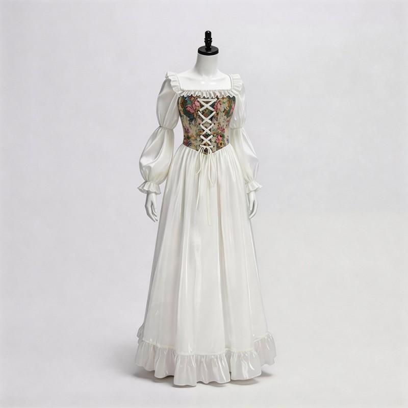 Medieval Floral Dress Cosplay Costume Court Style Corset Puff Sleeve Long Gown Halloween Party Stage Performance