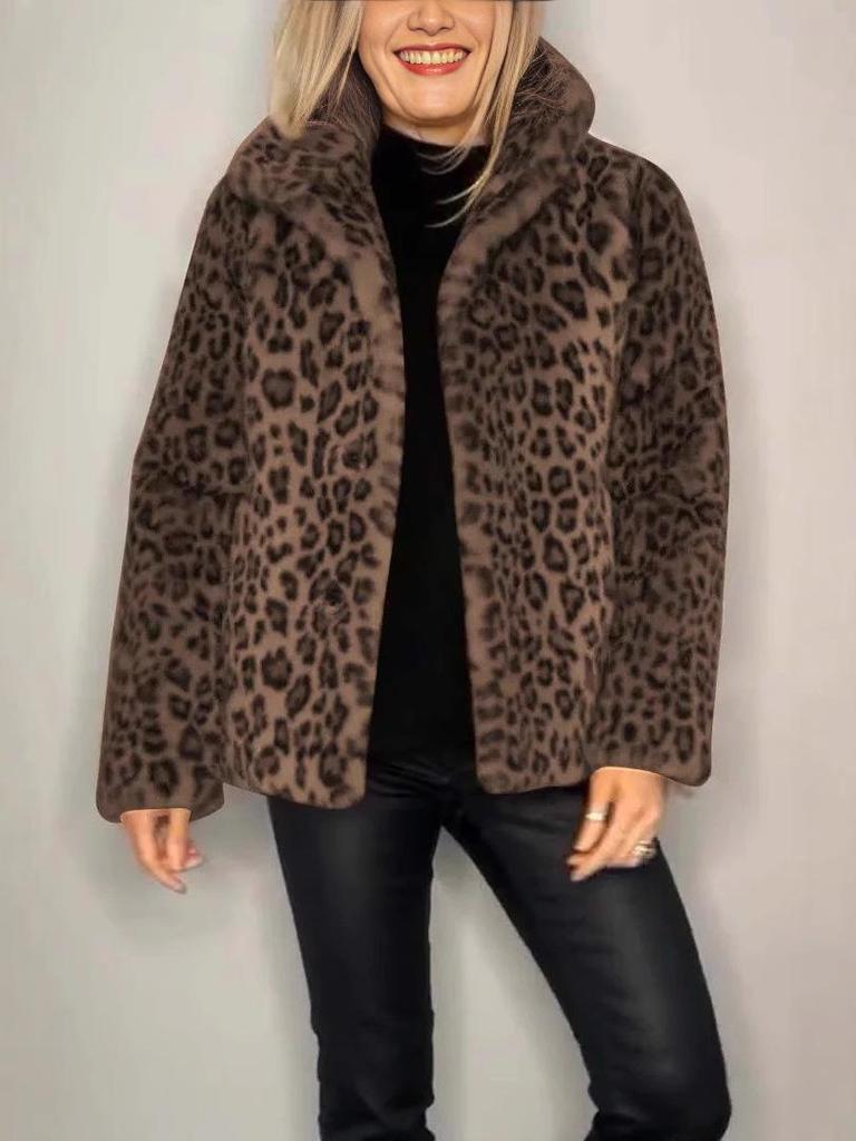 2024 Winter Women's Fashion Leopard Print Faux Fur Coat with Lapel 