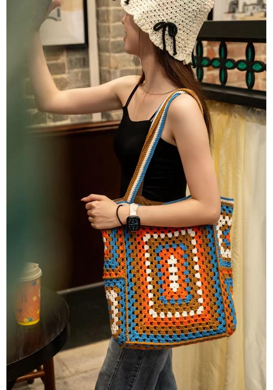 

Large Handmade Cross-Stitch Grandma Pattern Bag - Trendy, Casual Single Shoulder or Handheld Style