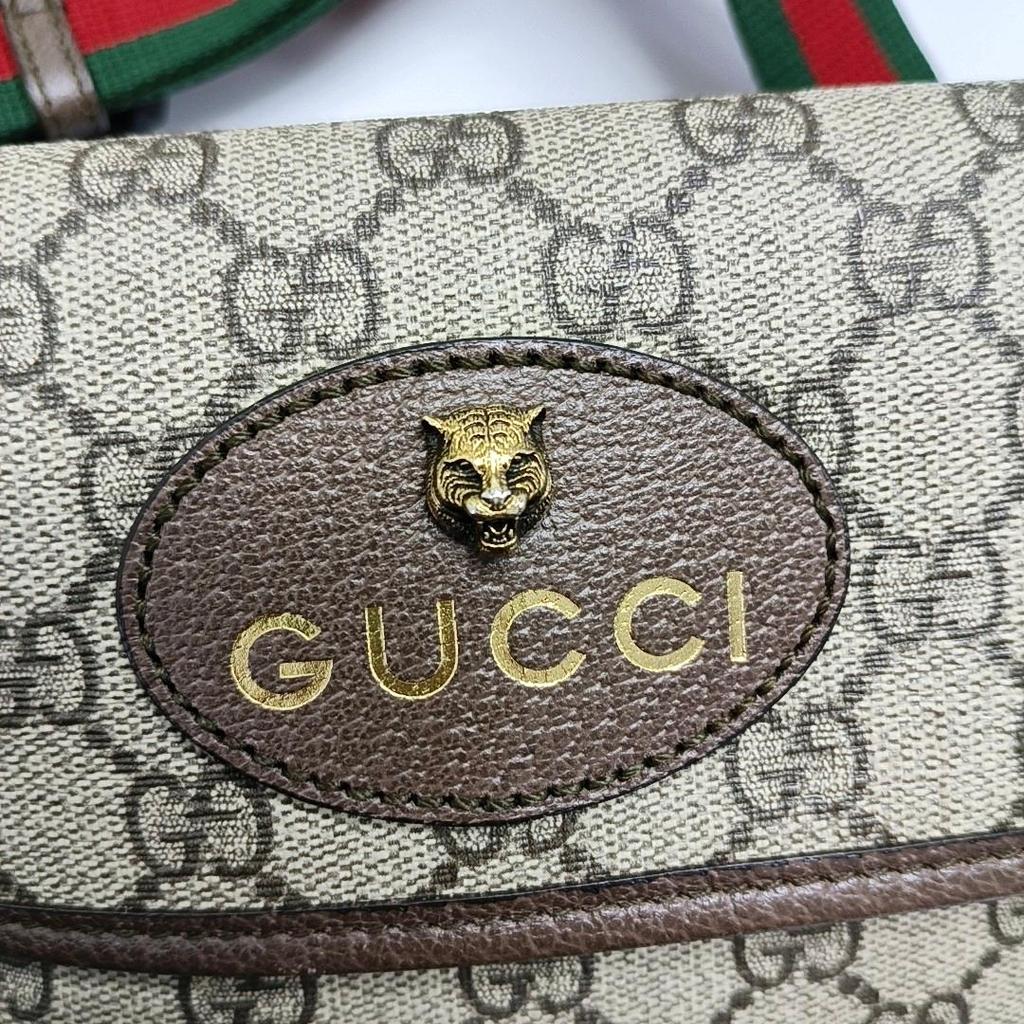 [Pre-Owned] Neo Vintage Series Gold Foil Logo Monogram Tiger Head Decorative Striped Shoulder Strap Canvas And Leather Messenger B - Excellent #VE3BWG