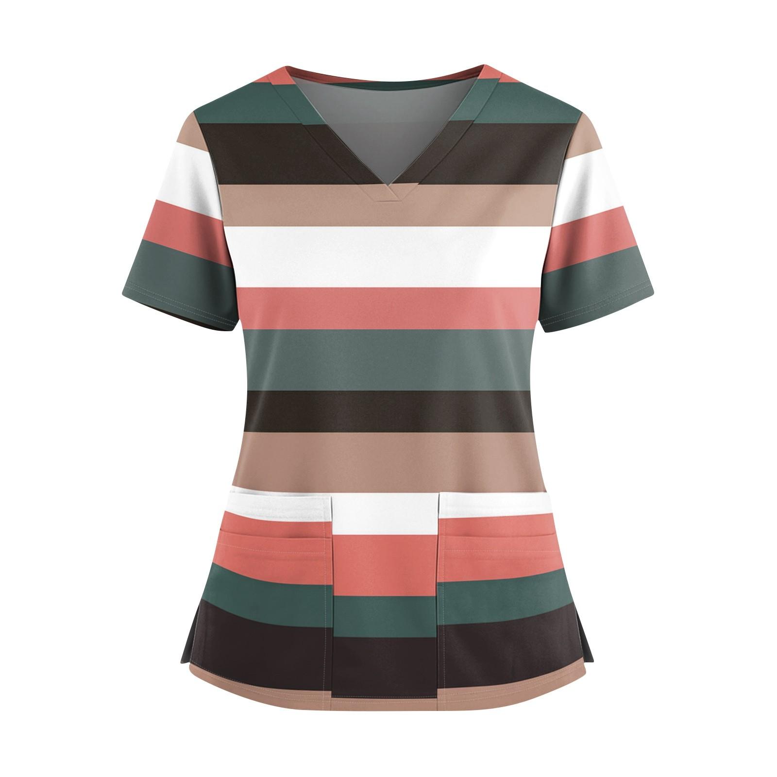 

Women s Fashionable Printed V Neck Double Pocket Short Sleeved Shirt With Slit Hem Uniform And Worker Top XXXXXL