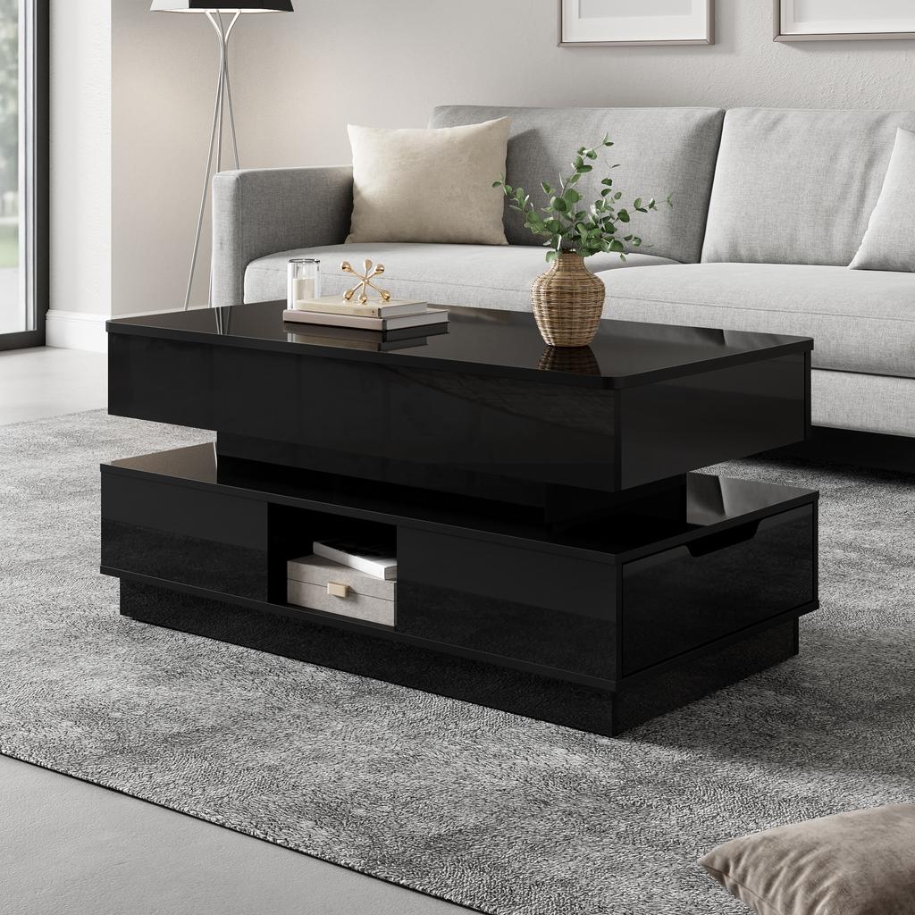 Coffee Table High-Gloss Height-Adjustable with Storage Space LED Lighting Socket Lift-Top Living Room Table Drawers Storage