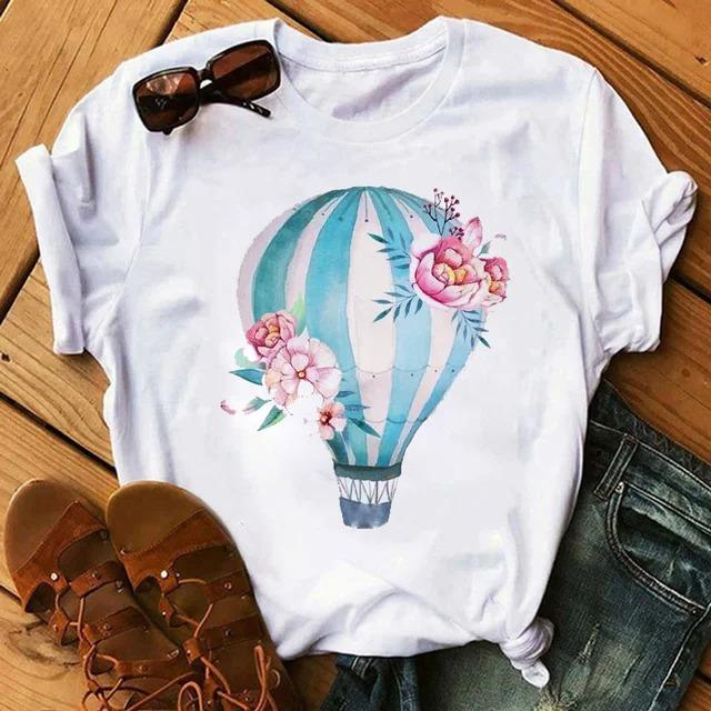 Cartoon Colored Hot Air Balloon Tshirt Womens Summer Round Neck Comfortable Top for Girls Anime Streetwear