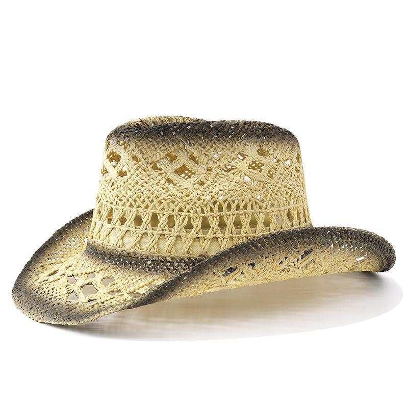Unisex Gradient Hollow Woven Cowboy Straw Hat Breathable Wide Brim Sun Protection Outdoor Travel Beach Cap