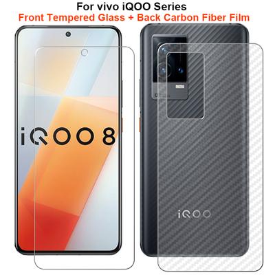For Vivo iQOO 12 11 11S 8 9 9T 10 SE 1 Set = Back Carbon Fiber Film Sticker + Clear Front Tempered Glass Screen Protector Guard