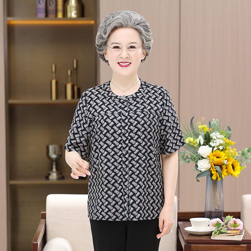 Elderly Women's Pure Cotton Short-Sleeve Summer Shirt