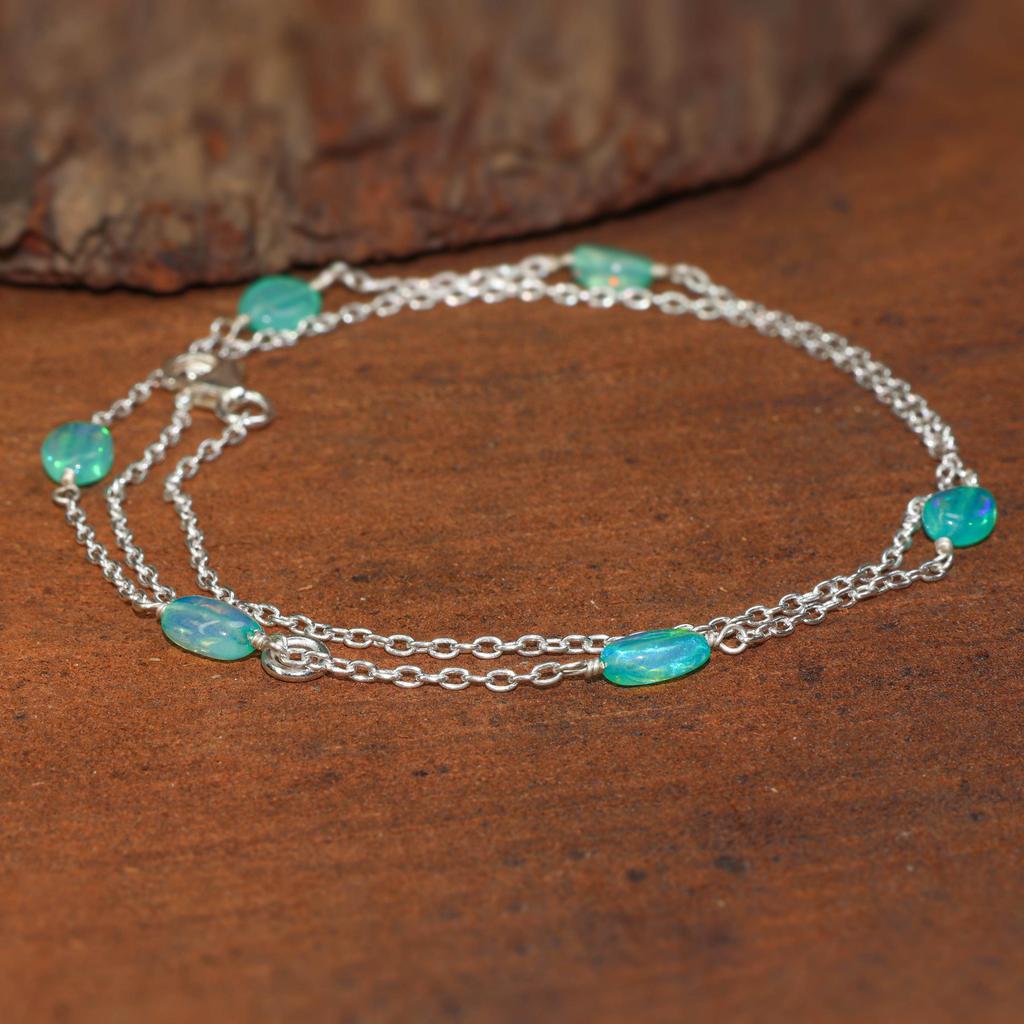Collar de Cadena con Cuentas de Ópalo Verde Pulidas: Ópalo Etíope, Plata de Ley/Chapado en Oro
