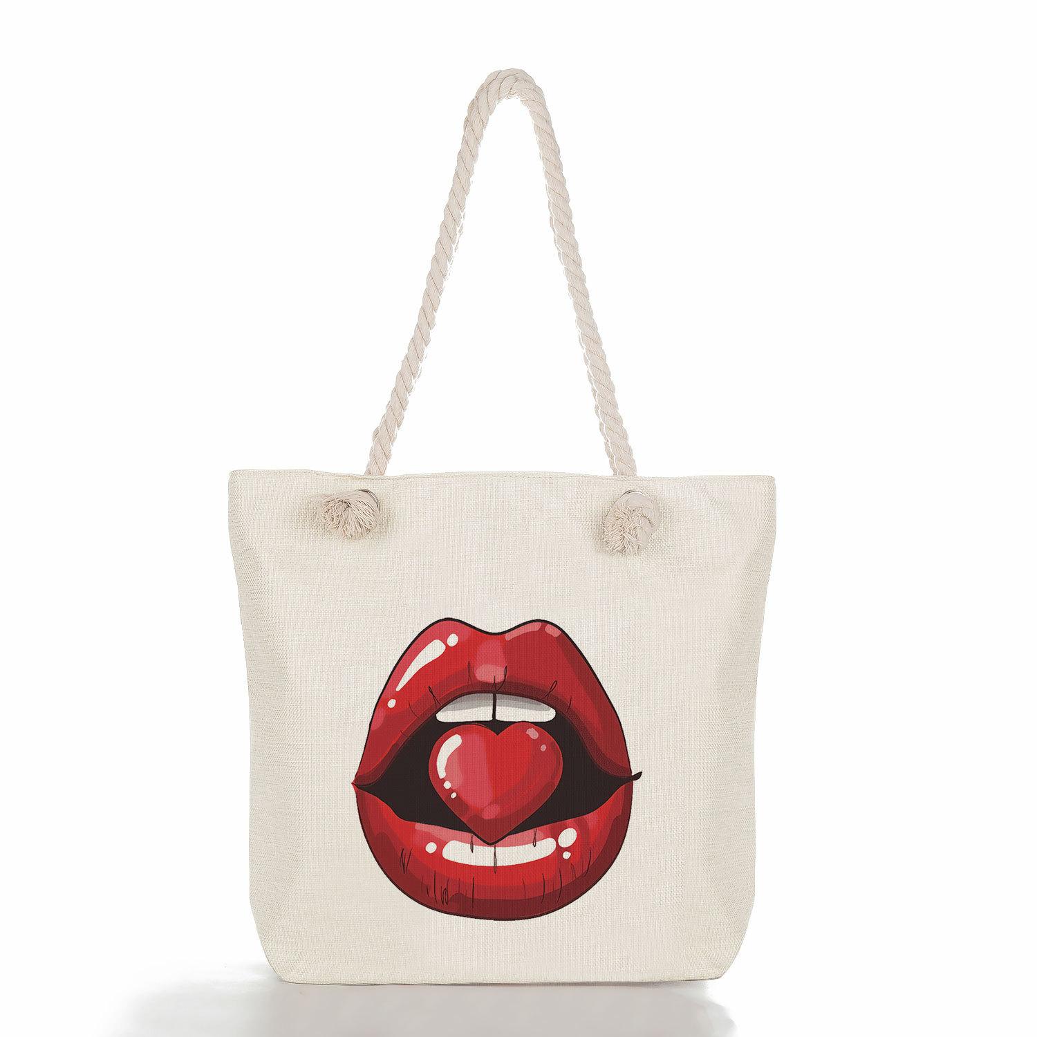 Multifunctional Lip Printed Thick Rope Shoulder Beach Bag Casual large capacity handbag 0112