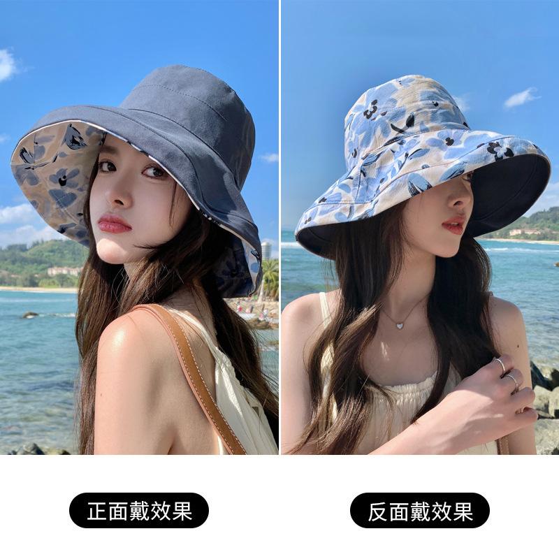 Flower bucket hat women's spring and summer sunscreen sunshade UV protection casual big eaves cover face big head circumference double basin hat