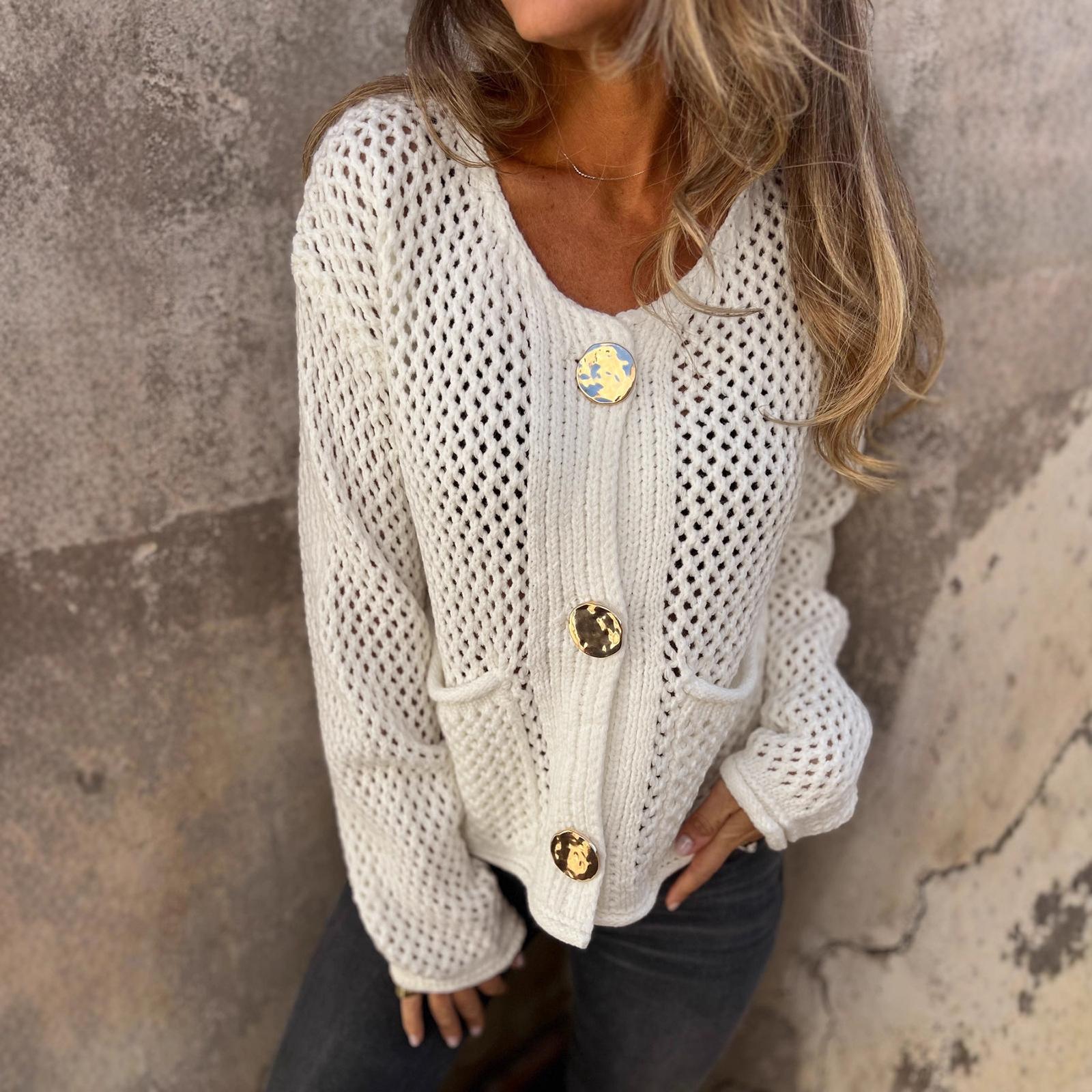 

Женский модный однотонный однобортный толстой вязки свитер-жакет с длинными рукавами и ажурным узором S