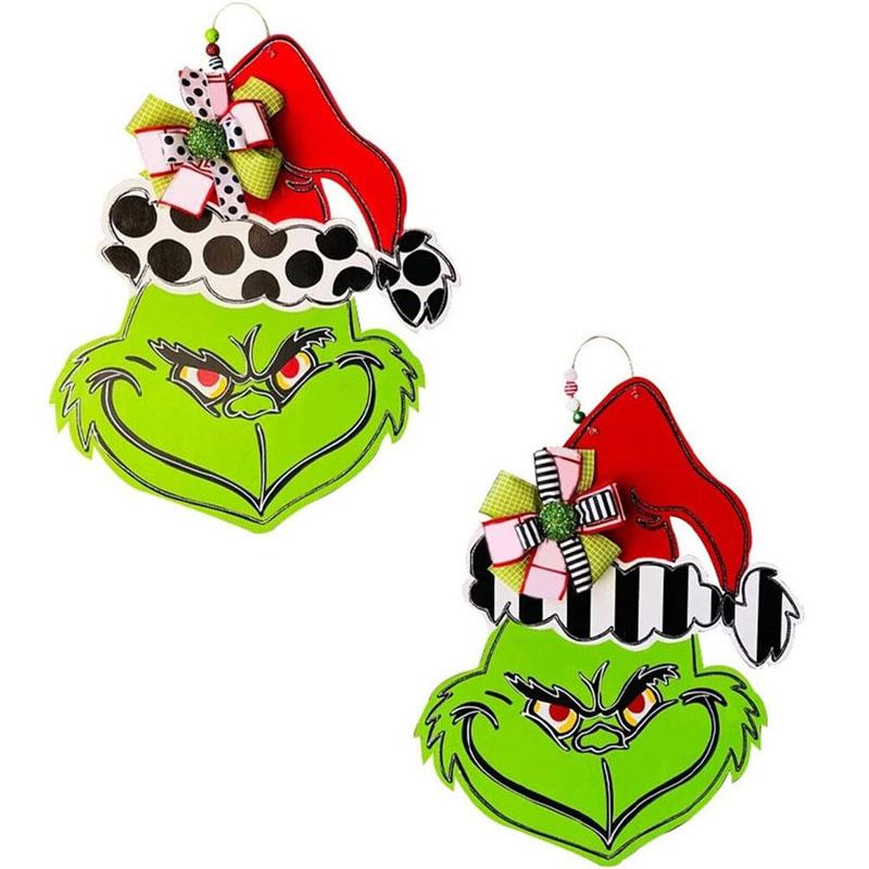 Grinch Christmas Wooden Wreath Front Door Welcome Sign Wall Home Decoration