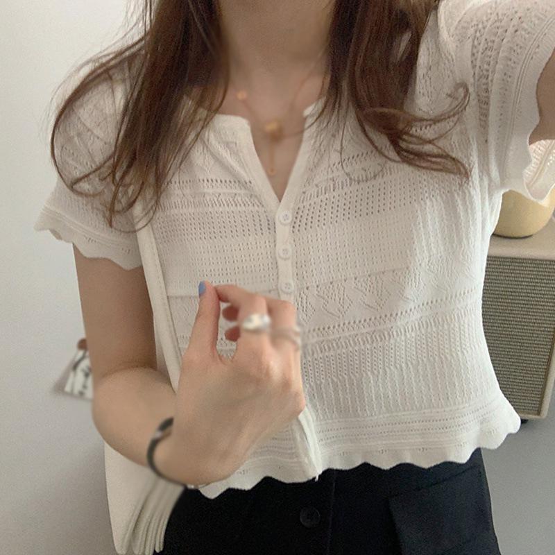 Dámské tričko s výstřihem do V Letní pletený kardigan Ležérní Dámské topy s krátkým rukávem