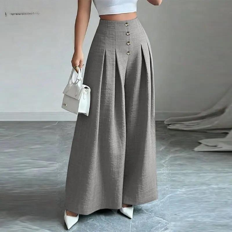 New Women's Clothing - Stylish Buttons, High-waist, Loose and Flowing, Slimming and Casual Wide-leg Pants