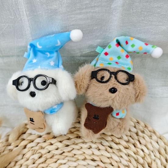 Sleeping Glasses Dog Plush Keychain Cute Puppy Backpack Charm with Wizard Hat & Bib Soft PP Cotton Stuffed Doll Gift for Dog Lovers