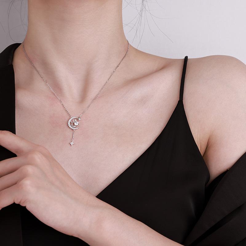 S925 Sterling Silver Moon Star Dragon Moissanite Pendant Necklace Tassel Style Sparkling Jewelry for Party Wedding Anniversary