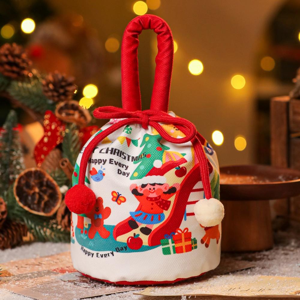 Christmas Gift Bags Cartoon Candy Bag with Bow Biscuits Apple Packaging Box Children's Drawstring Pouch Party Supplies Storage