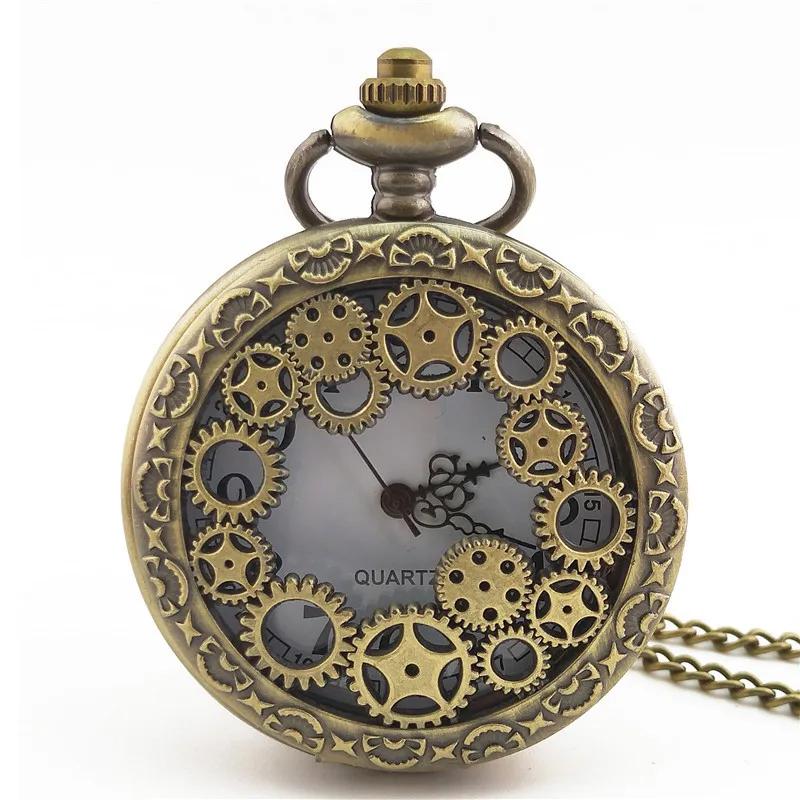 Steampunk Copper Vintage Hollow Gear Hollow Quartz Pocket Watch Necklace Pendant Clock Chain Men Women Unique Watch