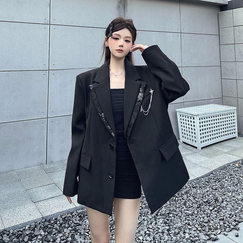 Niche Design Black Blazer for Women Spring Autumn Loose Fit Patchwork Fake Two Piece Shoulder Padded Fashion Outerwear