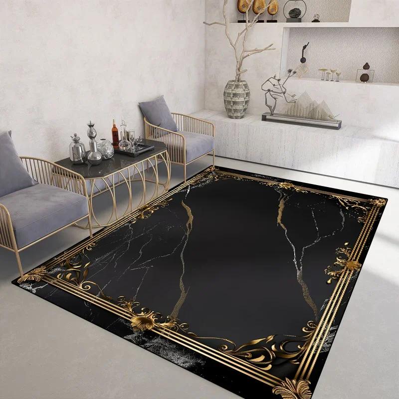 Light Luxury Black Gold Rugs for Living Room Marble Style Decoration Coffee Tables Carpet Non-slip Bedroom Soft Mats Washable