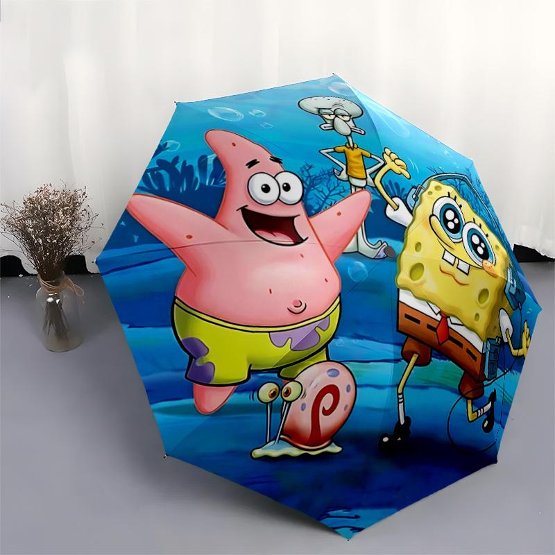 1pc SpongeBob SquarePants Automatic Folding Umbrella - Portable 3-Fold Design with 8-Bone Iron Frame, Outdoor, for Fans, Travelers, Daily Use, Pe