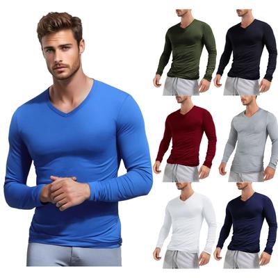 T-shirt da uomo alla moda con scollo a V, vestibilità slim, manica lunga, canottiera, top casual tinta unita