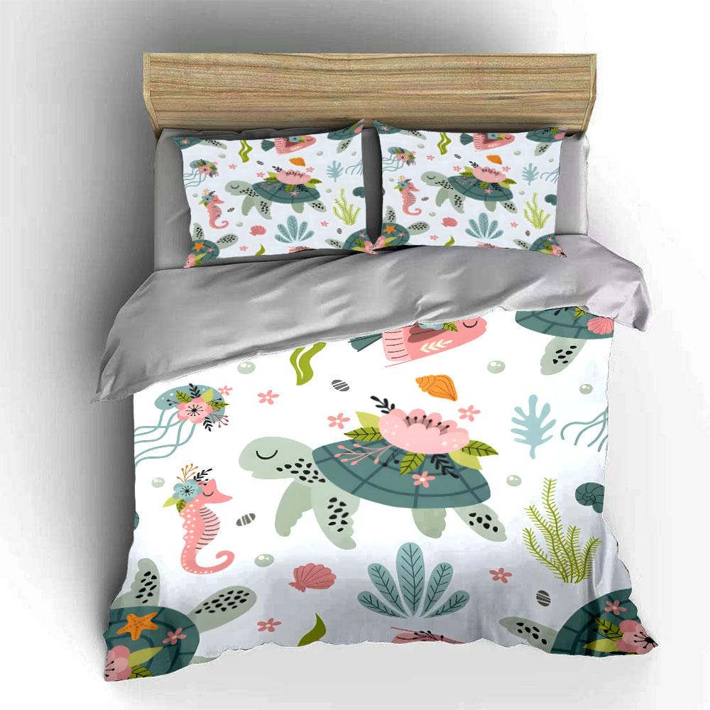 Sea Turtles and Floral Pattern Bedding Duvet Cover Set  (1*Duvet Cover 2*Pillowcases, Without Duvet Insert)