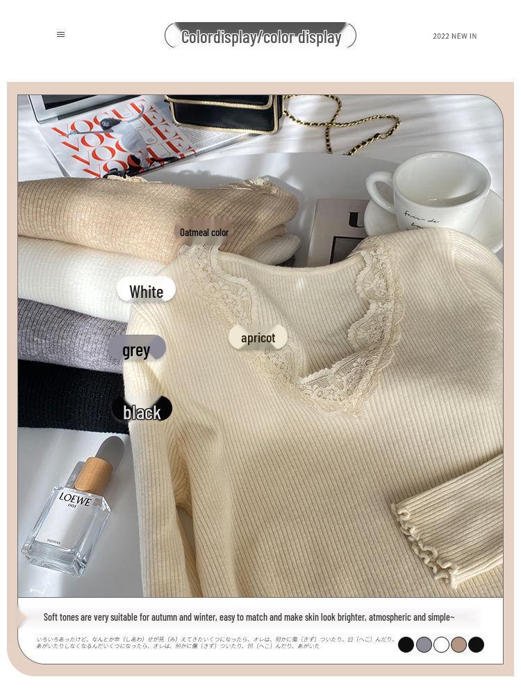 Gray Lace V-Neck Knit Sweater - Women's Slim Fit Long Sleeve Hollow Out Top for Autumn/Winter