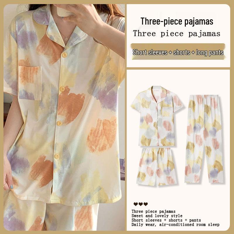 Kuromi Japanese-Style Cotton Pajamas: Women's Summer Lapel Sweet Cardigan Homewear Three-Piece Set