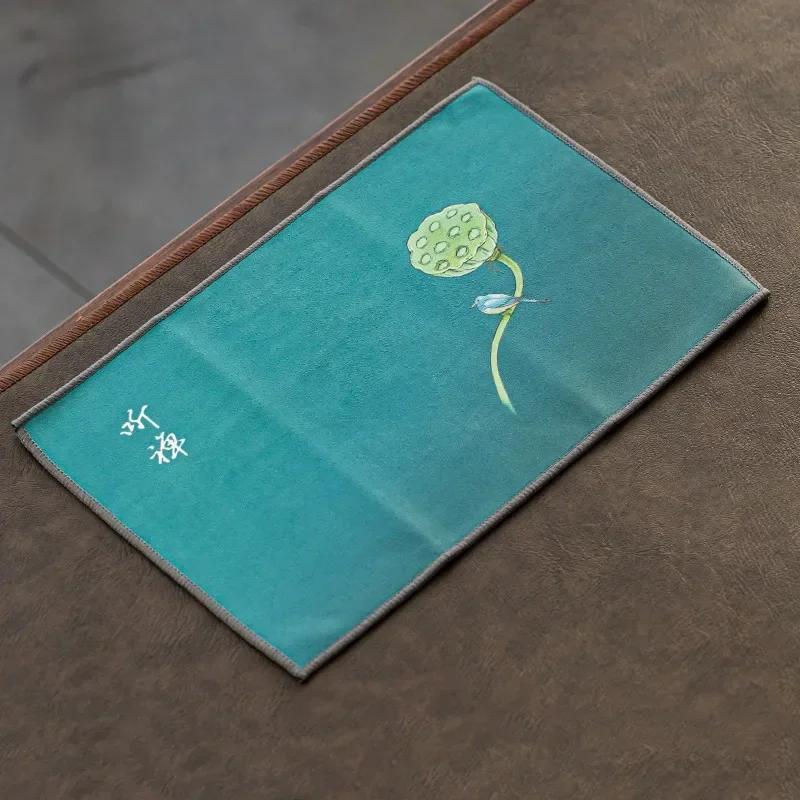 Chinese Painted Flower Pattern Thickened Tea Towel Plush Imitation Deerskin Absorbent Water Rag Tea Napkins Cloth Tea Ceremony