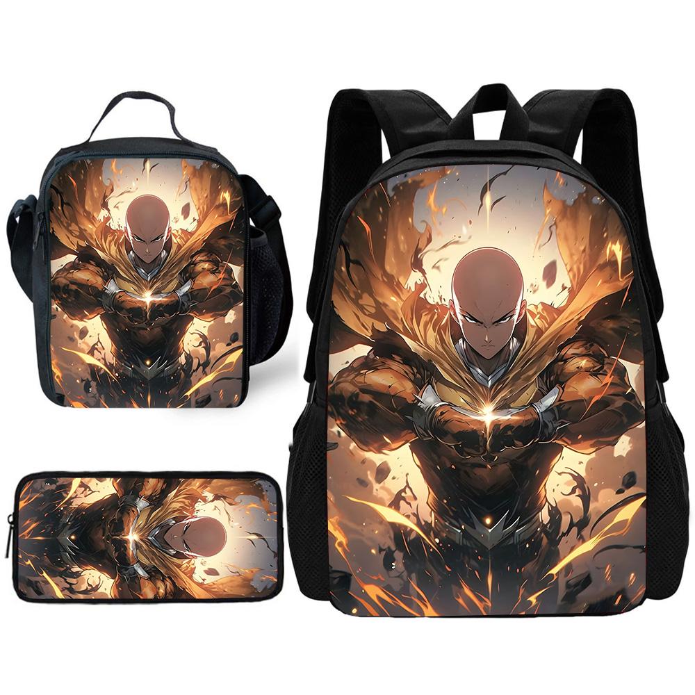 Kinder Anime One Punchs Man Schulrucksack mit Brotdosen ,Federmäppchen ,Schultaschen für Jungen Mädchen Bestes Geschenk