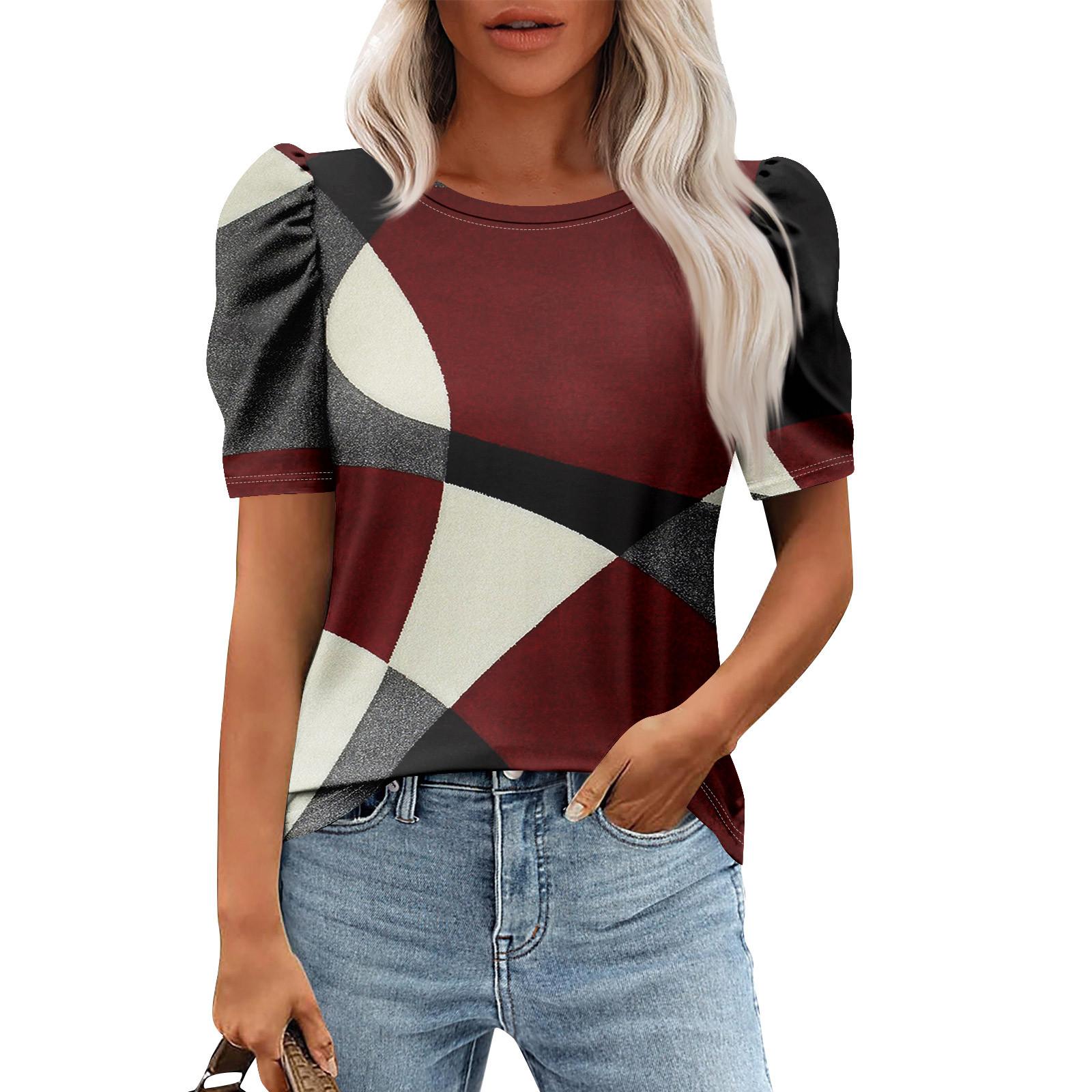 

Женские повседневные топы с коротким рукавом и круглым вырезом с принтом, туники, рубашки, летняя одежда XL винный