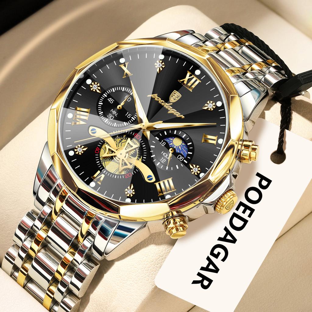POEDAGAR Original Luxus Herrenuhr Wasserdicht Leuchtend Chronograph Armbanduhr Edelstahl Quarzuhren für Mann Reloj