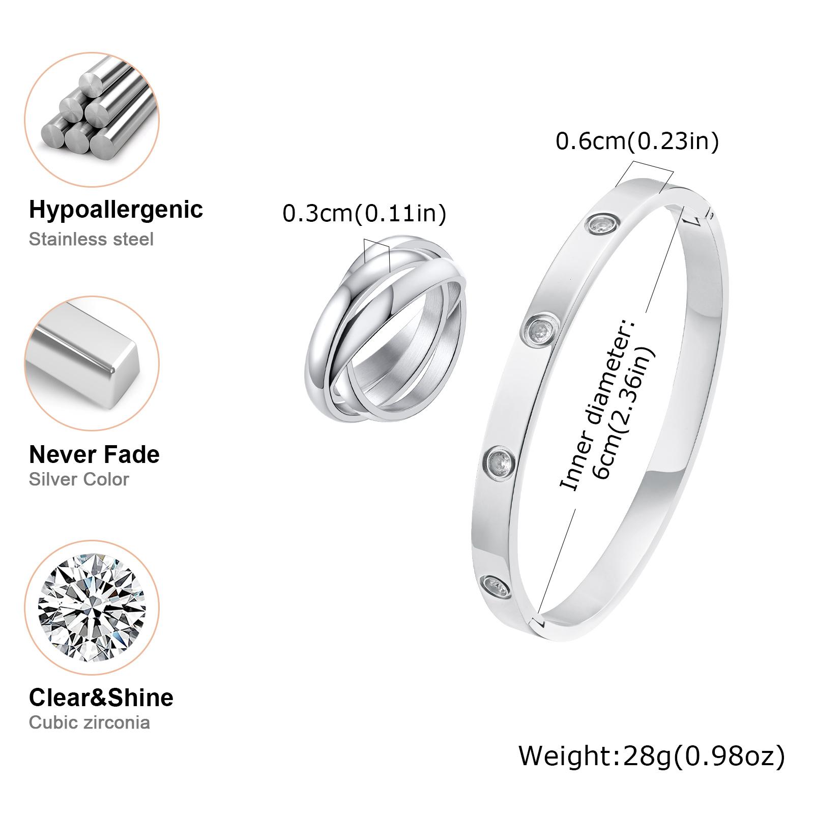 Classic Triple Interlocked Rings Gold Plated Cubic Zircon Bracelet Set, Luxury Stainless Steel Jewelry Set for Women Her Gift 9