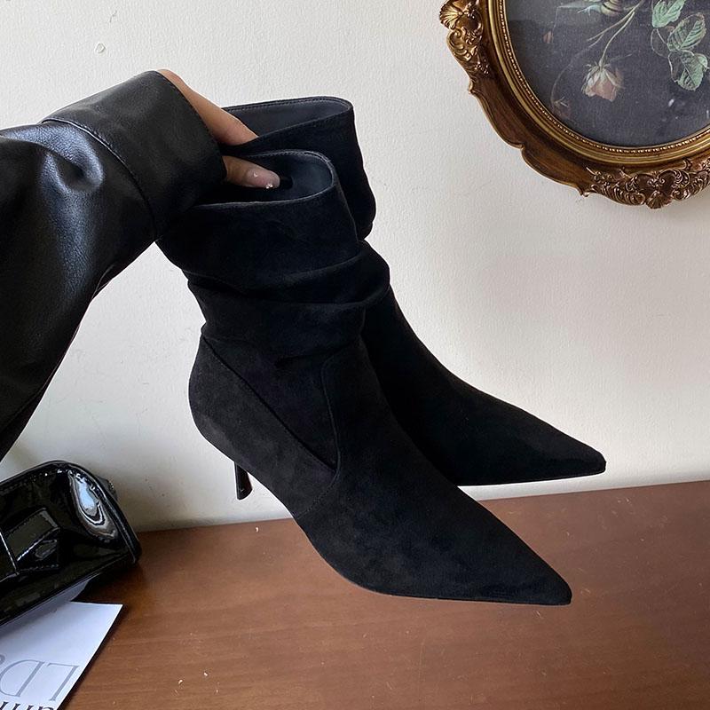 

Fashion Fashion Pleated Modern Ladies Ankle Boots With Thin Heels Shoes Pointed Toe Elegant Women Short Boots Female Pumps Shoes 35 чёрный