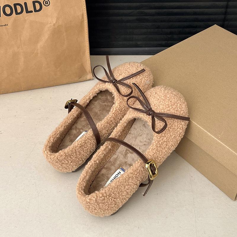 

2024 autumn and winter new versatile bow cotton shoes round head one-word buckle casual fluffy women s shoes autumn and winter casual 40 абрикосовий