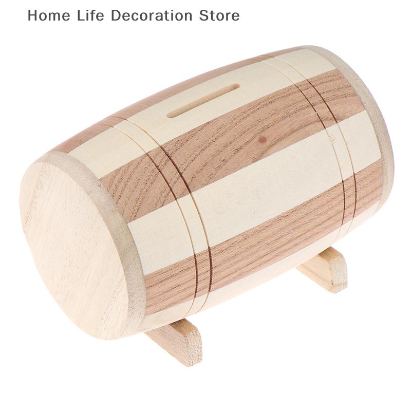 1pc Creative Wooden Money Box Piggy Bank Money Box Savings Wine Barrel Wood Piggy Bank Money Vault Savings Box