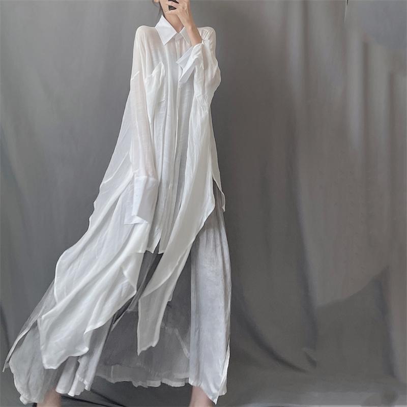 

Loose Women s Summer Autumn New Sle Sun Protection irt Long Sve Collar Midi Length Drifting Irregular Artistic irt One size fits all [recommended 50-100kg]