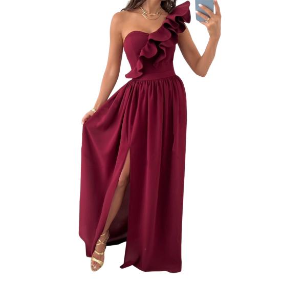 Sleeveless Side Split Flowy Hem Elegant Dress Sexy Skew Collar Ruffle Decor