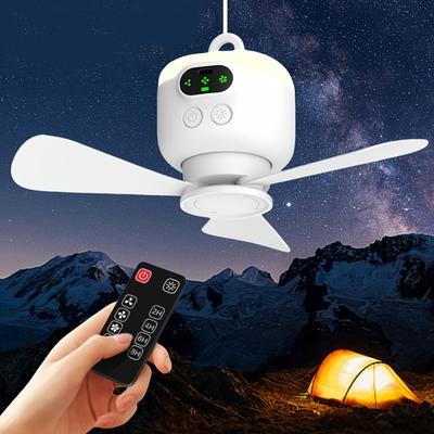 Bezdrátový přenosný stropní ventilátor se světlem a dálkovým ovládáním, 3 rychlosti nastavení a displej stavu baterie, kapacita, pro stany/ubytovny/venkovní/vnitřní použití