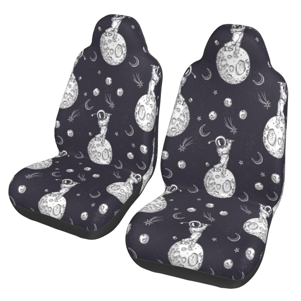 Space Golf Cartoon Pattern Car Seat Covers Set for Womens 2pcs Auto Front Seat Protector Universal Car Interior Accessories Full